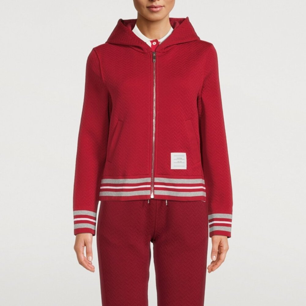 Thom Browne Herringbone Jacquard Zip Hoodie Luxury Minimalist Preppy Academia